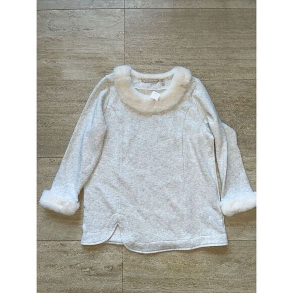 SOFT SURROUNDINGS SILVER GRAY HEATHER FAUX FUR APRES SKI SHIRT TUNIC TOP PM NWT